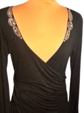 Velvet Graham & Spencer Black Ruched Bodycon Dress Embellished Neckline Cocktail